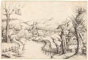 Rivierlandschap met houten brug